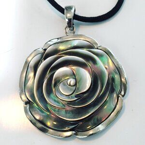 Rose Pendant Necklace Large Mother Of Pearl Flower 2 Inch Black Cord 925 Silver
